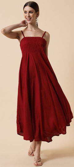 Red and Maroon color Dress in Rayon fabric with Fancy Work work