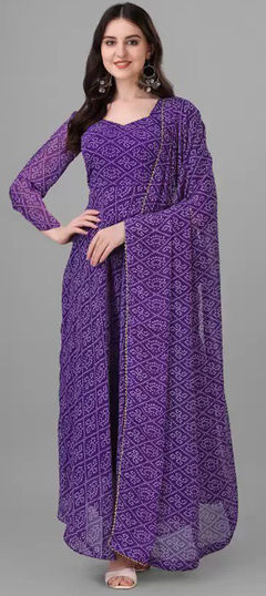 Festive, Party Wear Purple and Violet color Gown in Faux Georgette fabric with Bandhej, Printed work : 1916422