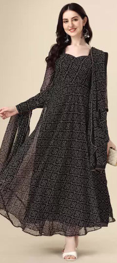 Festive, Party Wear Black and Grey color Gown in Faux Georgette fabric with Bandhej, Printed work : 1916423