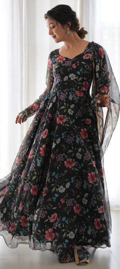 Festive, Party Wear Black and Grey color Gown in Faux Georgette fabric with Floral, Printed work : 1916424