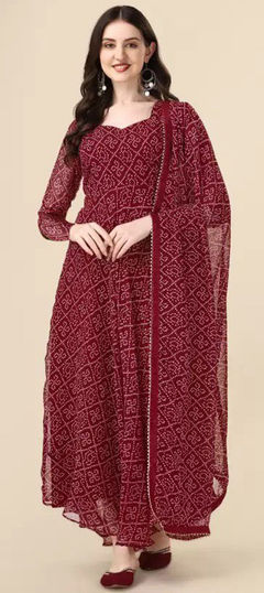 Festive, Party Wear Red and Maroon color Gown in Faux Georgette fabric with Bandhej, Printed work : 1916425