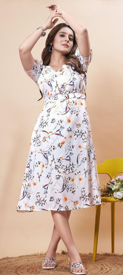 Festive, Party Wear White and Off White color Dress in Rayon fabric with Floral, Printed work : 1916428