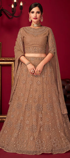 Beige and Brown color Lehenga in Net fabric with Embroidered, Sequence work