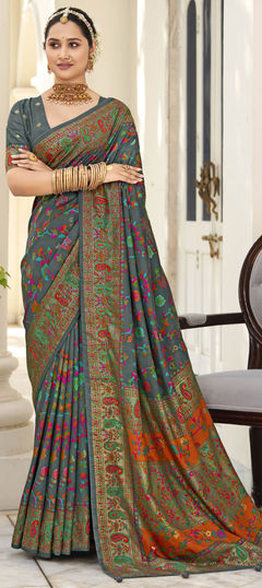 Black and Grey color Saree in Tussar Silk fabric with Printed, Weaving work