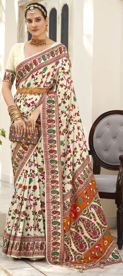 White and Off White color Saree in Tussar Silk fabric with Printed, Weaving work