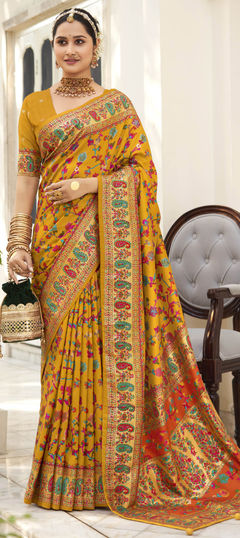 Yellow color Saree in Tussar Silk fabric with Printed, Weaving work