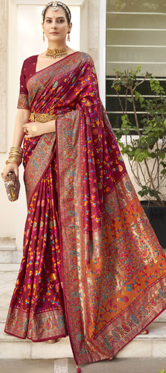 Red and Maroon color Saree in Tussar Silk fabric with Printed, Weaving work