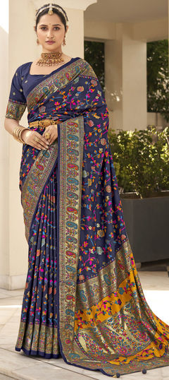 Blue color Saree in Tussar Silk fabric with Printed, Weaving work