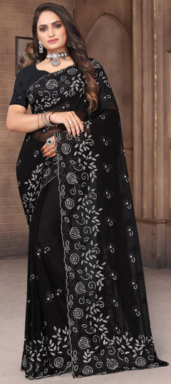 Black and Grey color Saree in Georgette fabric with Embroidered, Resham, Stone, Thread work