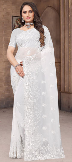 White and Off White color Saree in Georgette fabric with Embroidered, Resham, Stone, Thread work