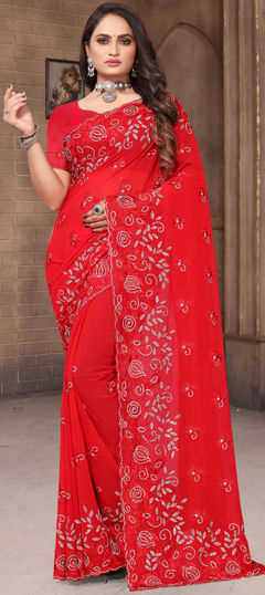 Red and Maroon color Saree in Georgette fabric with Embroidered, Resham, Stone, Thread work