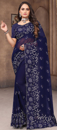 Blue color Saree in Georgette fabric with Embroidered, Resham, Stone, Thread work