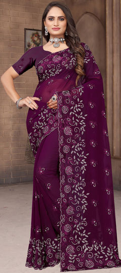 Purple and Violet color Saree in Georgette fabric with Embroidered, Resham, Stone, Thread work