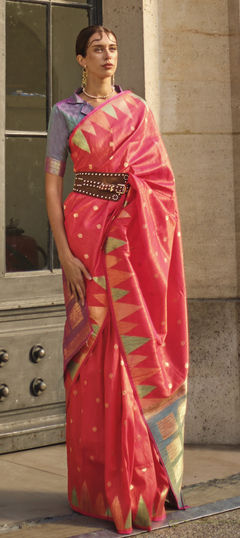 Red and Maroon color Saree in Silk fabric with Printed, Weaving work