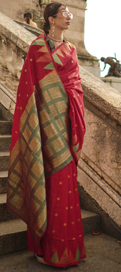 Red and Maroon color Saree in Silk fabric with Printed, Weaving work