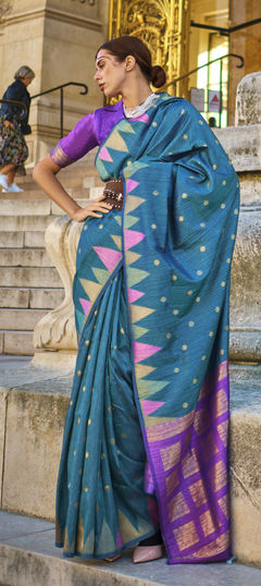 Blue color Saree in Silk fabric with Printed, Weaving work