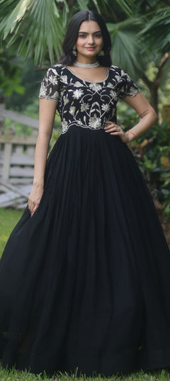 Festive, Party Wear Black and Grey color Gown in Georgette fabric with Embroidered, Sequence work : 1916570