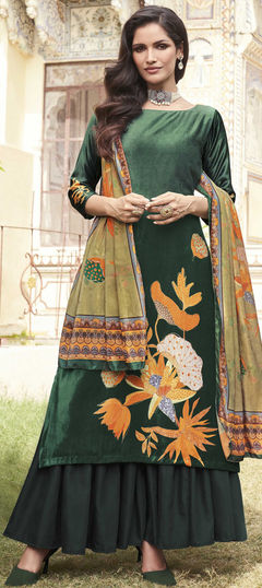 Festive, Party Wear Green color Salwar Kameez in Velvet fabric with Straight Printed work : 1916572