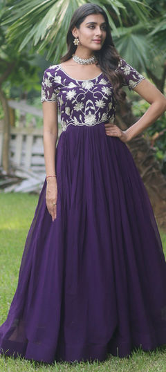 Purple and Violet color Gown in Georgette fabric with Embroidered, Sequence, Thread work