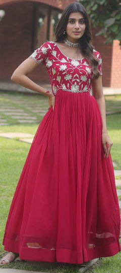 Pink and Majenta color Gown in Georgette fabric with Embroidered, Sequence, Thread work