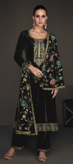 Black and Grey color Salwar Kameez in Velvet fabric with Embroidered, Resham, Sequence, Zari work