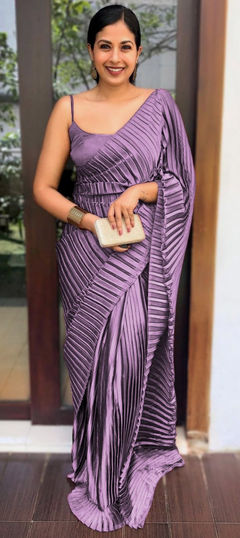 Party Wear, Traditional Purple and Violet color Saree in Satin Silk, Silk fabric with South Pleats work : 1916638