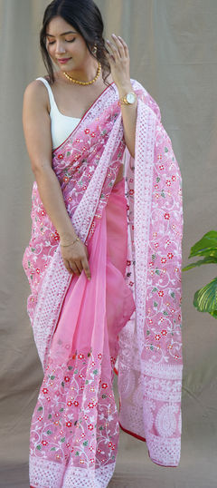 Festive, Party Wear Pink and Majenta color Saree in Organza Silk fabric with South Embroidered, Resham, Sequence, Thread work : 1916657