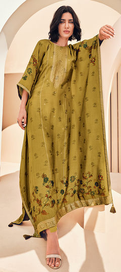 Gold color Salwar Kameez in Viscose fabric with Printed work