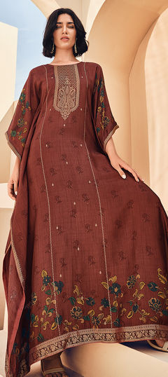 Beige and Brown color Salwar Kameez in Viscose fabric with Printed work