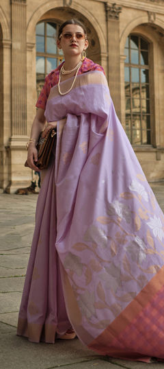 Purple and Violet color Saree in Silk fabric with Printed, Weaving work