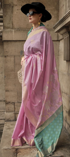 Pink and Majenta color Saree in Silk fabric with Printed, Weaving work