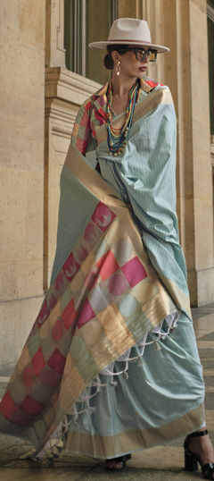 Blue color Saree in Silk fabric with Printed, Weaving work