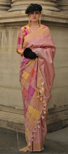 Orange color Saree in Silk fabric with Printed, Weaving work