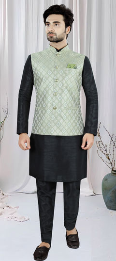 Black and Grey color Kurta Pyjama with Jacket in Silk fabric with Weaving work