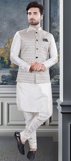 White and Off White color Kurta Pyjama with Jacket in Silk fabric with Weaving work