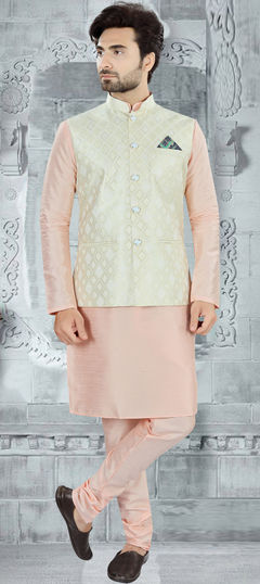 Pink and Majenta color Kurta Pyjama with Jacket in Silk fabric with Weaving work