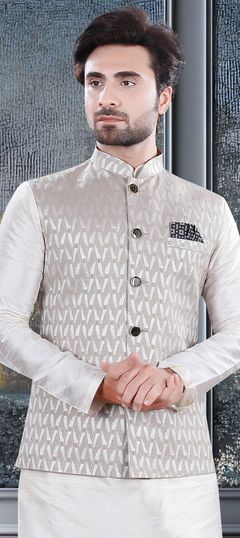 Party Wear Black and Grey color Nehru Jacket in Jacquard fabric with Weaving work : 1916823