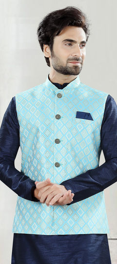 Party Wear Blue color Nehru Jacket in Jacquard fabric with Weaving work : 1916826