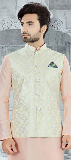 Party Wear Beige and Brown color Nehru Jacket in Jacquard fabric with Weaving work : 1916828