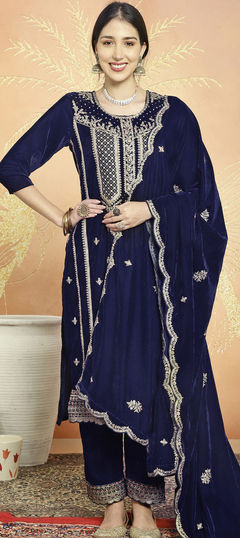 Blue color Salwar Kameez in Velvet fabric with Resham, Sequence, Thread work