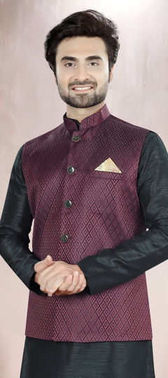 Party Wear Purple and Violet color Nehru Jacket in Jacquard fabric with Weaving work : 1916830