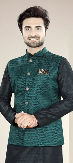 Party Wear Green color Nehru Jacket in Jacquard fabric with Weaving work : 1916832