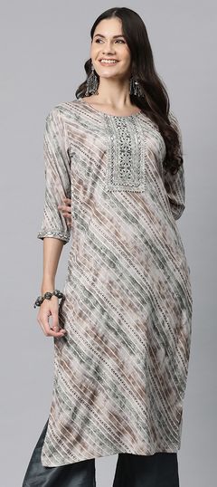 Black and Grey color Kurti in Rayon fabric with Embroidered, Gota Patti, Lehariya, Printed, Resham work