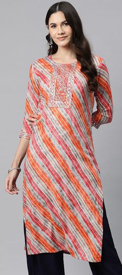 Orange color Kurti in Rayon fabric with Embroidered, Gota Patti, Lehariya, Printed, Resham work