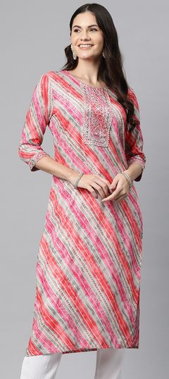 Pink and Majenta color Kurti in Rayon fabric with Embroidered, Gota Patti, Lehariya, Printed, Resham work