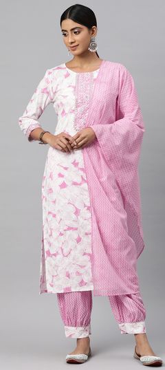 Pink and Majenta, White and Off White color Salwar Kameez in Cotton fabric with Printed, Resham, Thread, Zari work