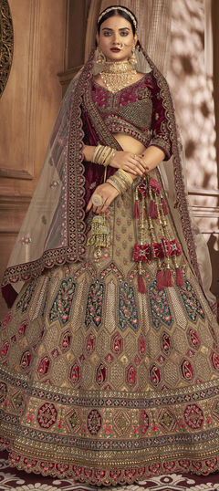 Bridal, Wedding Beige and Brown color Lehenga in Velvet fabric with Flared Embroidered, Resham, Sequence, Thread, Zari work : 1916966