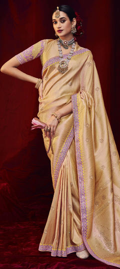 Beige and Brown color Saree in Art Silk fabric with Embroidered, Stone, Thread, Zari work