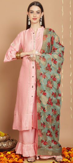 Pink and Majenta color Salwar Kameez in Chanderi Silk fabric with Lace, Zardozi work