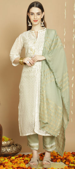 White and Off White color Salwar Kameez in Chanderi Silk fabric with Lace, Zardozi work